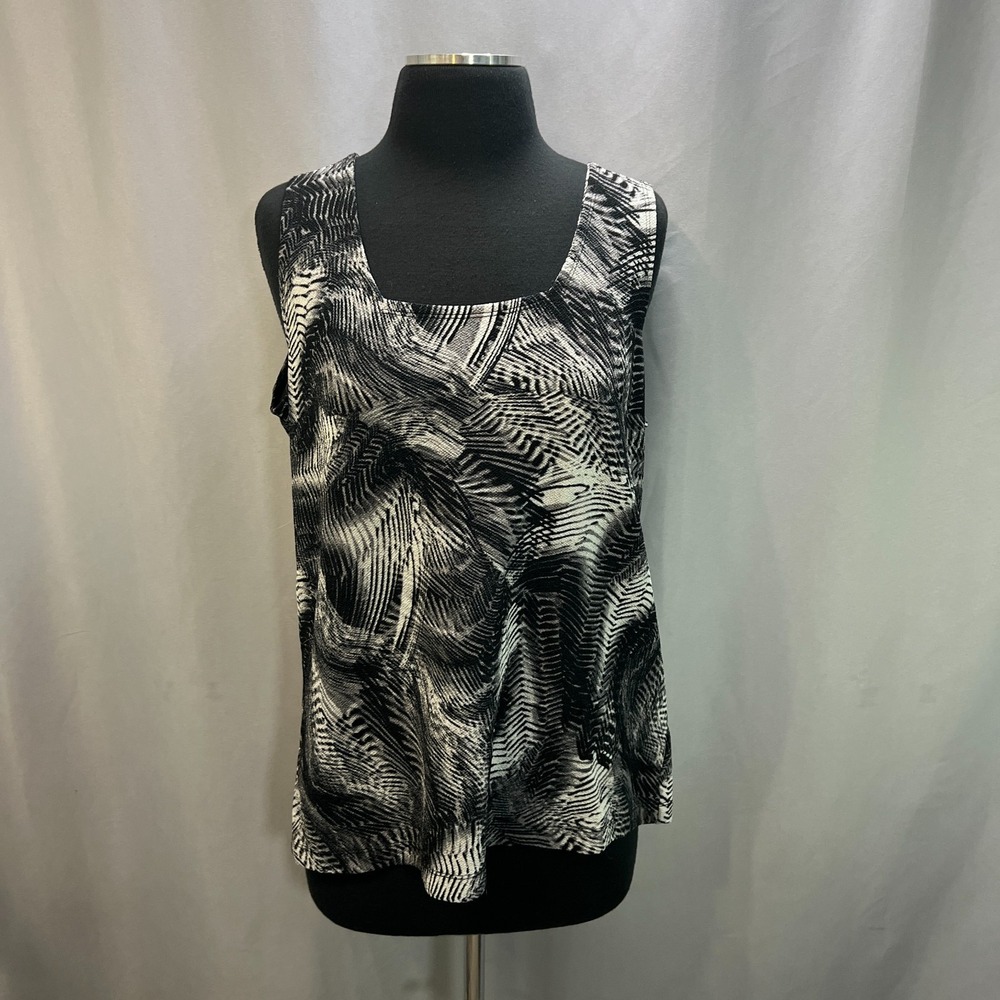 Liz Baker Tank Top Women Large Black White Abstract Print Wide Straps Sleeveless